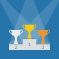 Winner podium with trophy cups. Golden, silver and bronze champion cup. 1st, 2nd and 3rd places prize. Vector illustration. Royalty Free Stock Photo